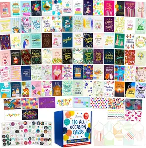 Decorably 110 Pack Gold Foiled & Glittery 5x7in All Occasion Cards Assortment Box with Envelopes & Stickers, 110 Unique Designs Folded Greeting Cards Assortment Box with Envelopes with Printed Message