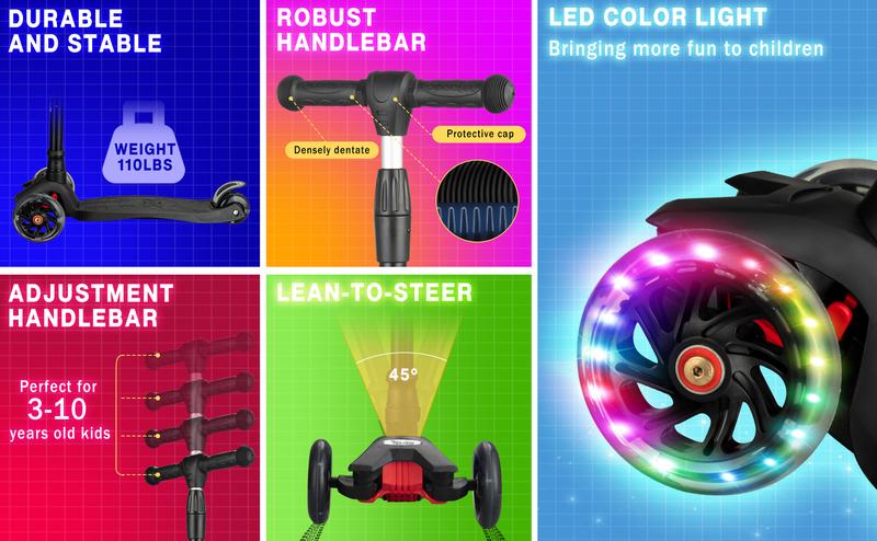 GARVEE Adjustable Height Kick Scooter with AEBC-9 Bearings and 3 Light-Up Wheels, Lean-to-Steer Design for Outdoor Fun, Suitable for Ages 3 to 12, Deep Black Color