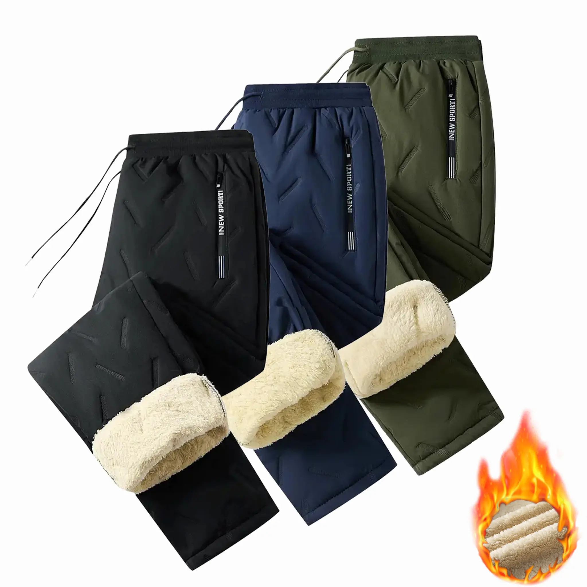 Men's Lamb Fleece Lined Insulated Snow Pants, Clothes with Polyester, Thick Warm Windproof Cold Resistant, Drawstring Elastic Waist, Zipper Pockets, Plain Loose-Fit, Machine Washable Thermal Trousers for Skiing, Daily Winter Wear