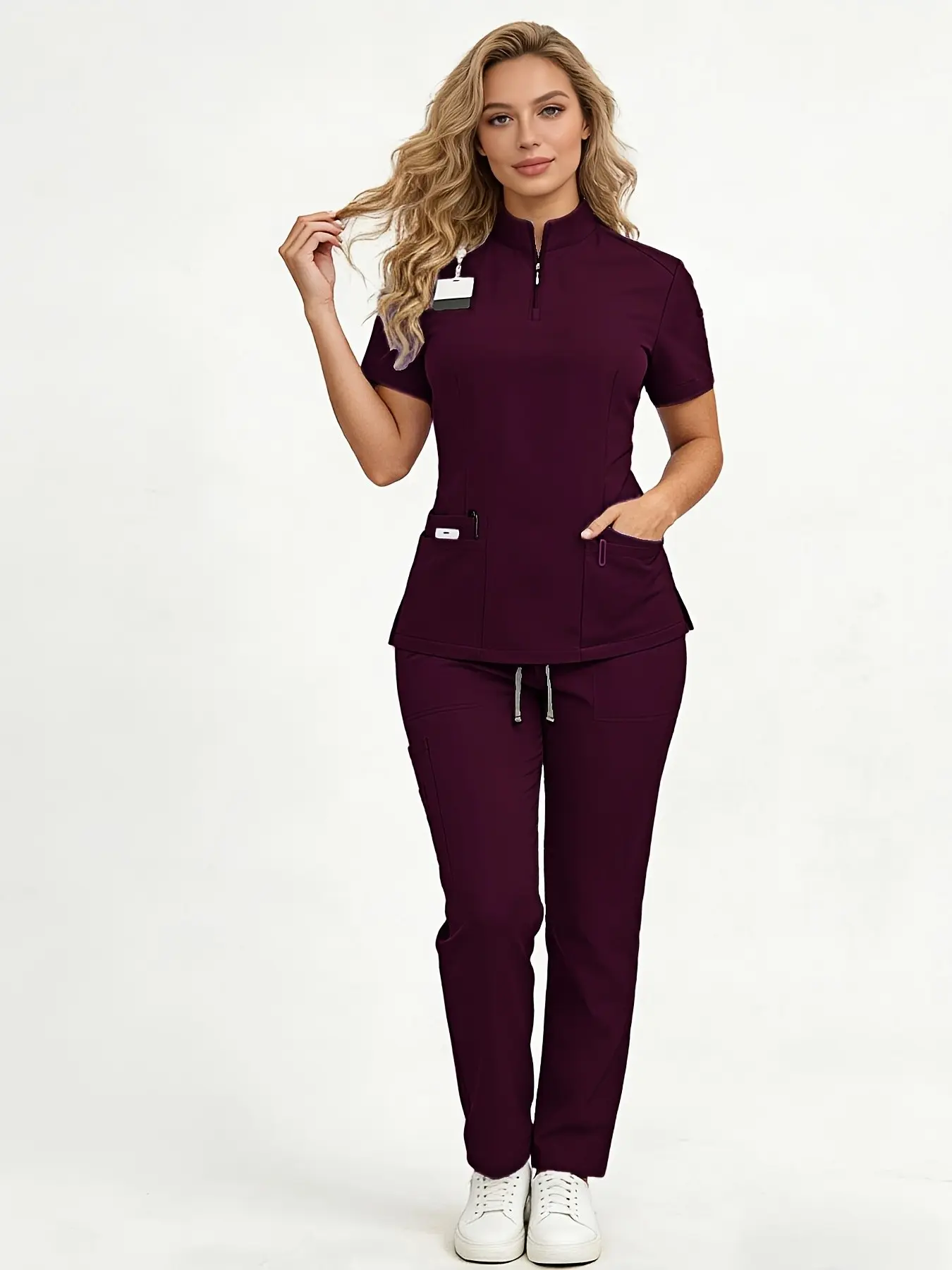 Ladies Healthcare Scrub Set Uniforms with Short Sleeve, Multi-Pockets, Breathable Quick-Dry Wrinkle-Resistant Fabric, Casual Loose-Fitting Design for Home, Clinic and Hospital
