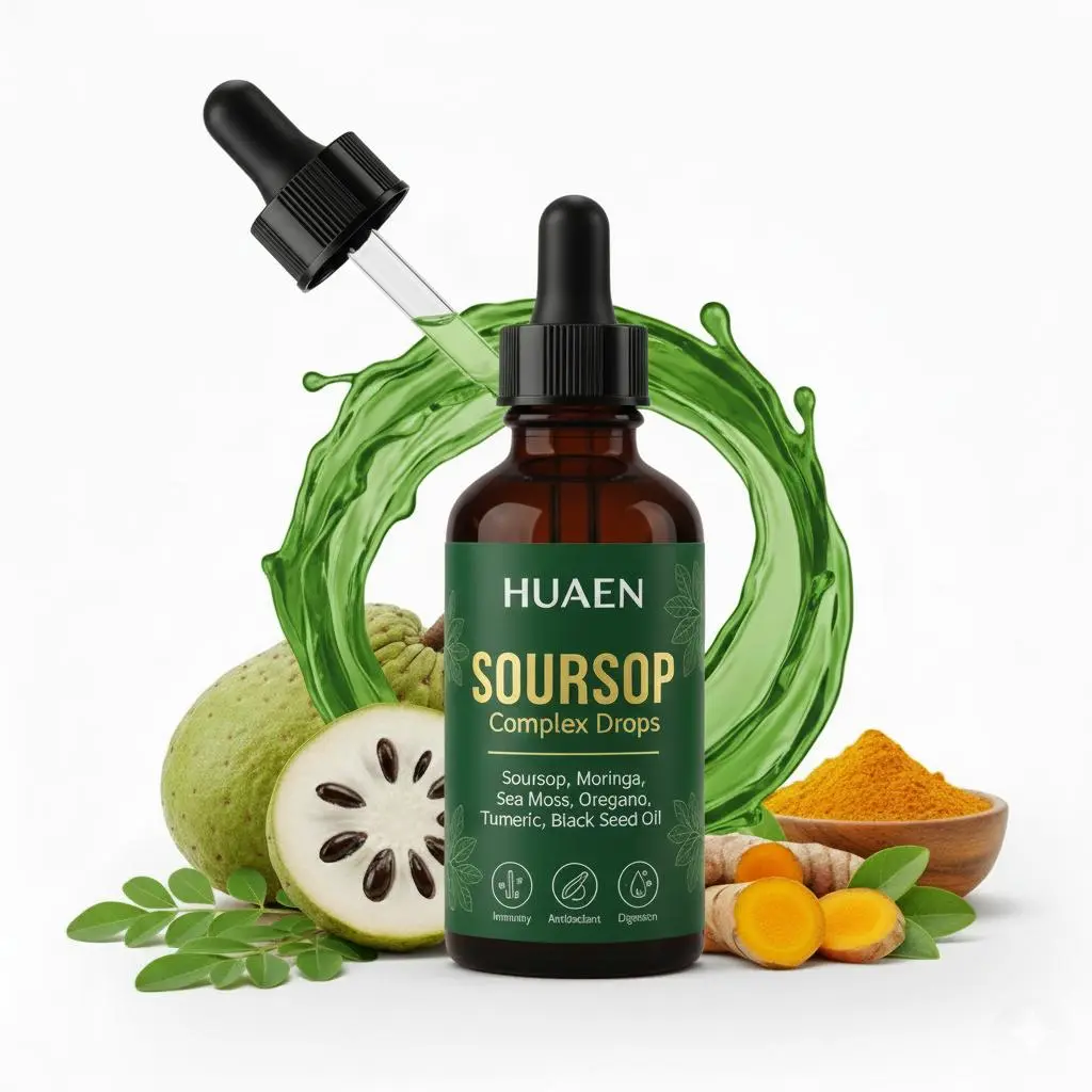HUAEN Pure Soursop 10-in-1 Plant-Based Natural Blend Dietary Supplement Liquid Drops Extract - Seamoss, Moringa, Black Seed Oil, Turmeric, Oregano, Ceramides, No Artificial Colors, Minerals for Adults' Gut Support, Boost Energy