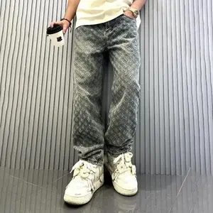 Jacquard Design Baggy Pants American Ins Retro Embroidered Printed Trousers Men's Hip Hop Jeans Wide Legs Streetwear Denim