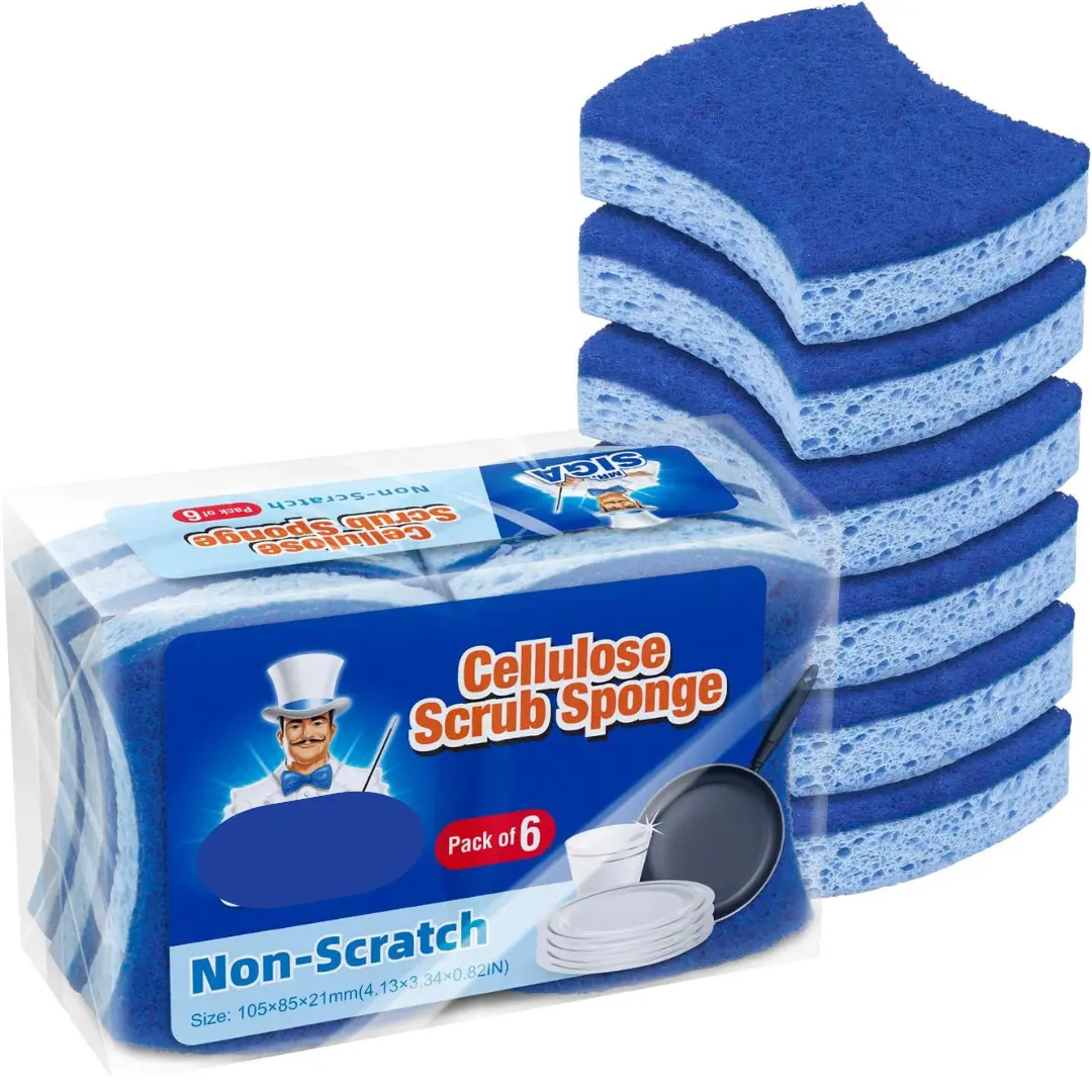 Non-Scratch Cellulose Scrub Sponge, Dual-Sided Dishwashing Sponge for Kitchen, 12 Pack