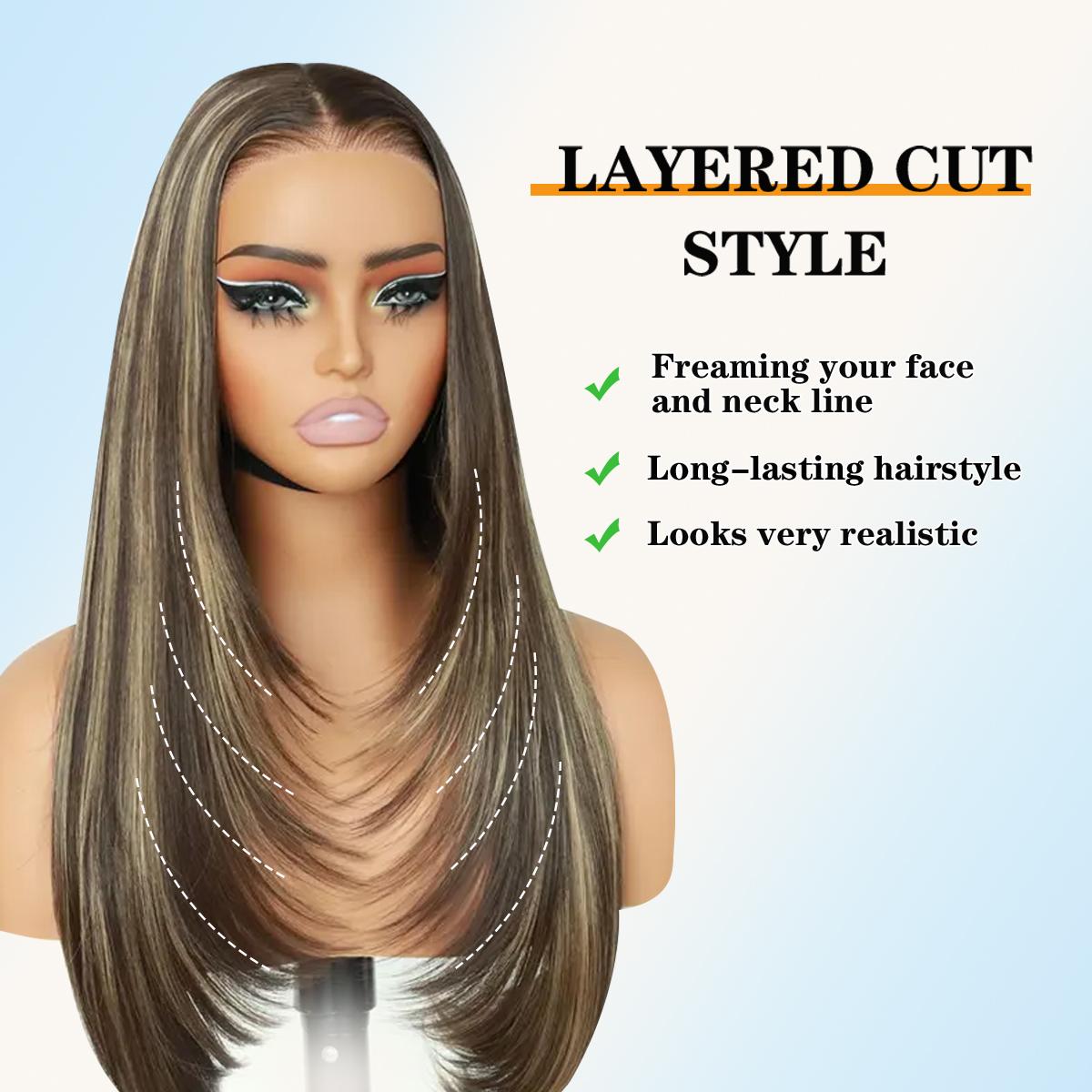 Synthetic layered cut 9x7 Lace Front Wig Glueless Wear And Go Pre Plucked Pre Cut Straight Wig Vivid Self Growing Clean Hairline with Tiny Knots Premium Fiber
