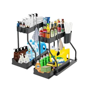 2-Layer Pull-Out Storage Rack with Adjustable Divider Drawer Organizer Large-Capacity Sliding Shelf for Kitchen & Bathroom Space-Saving Dish Rack Dual-Layer Under Sink Storage Plastic Organizer with Hook for Cabinet Storage