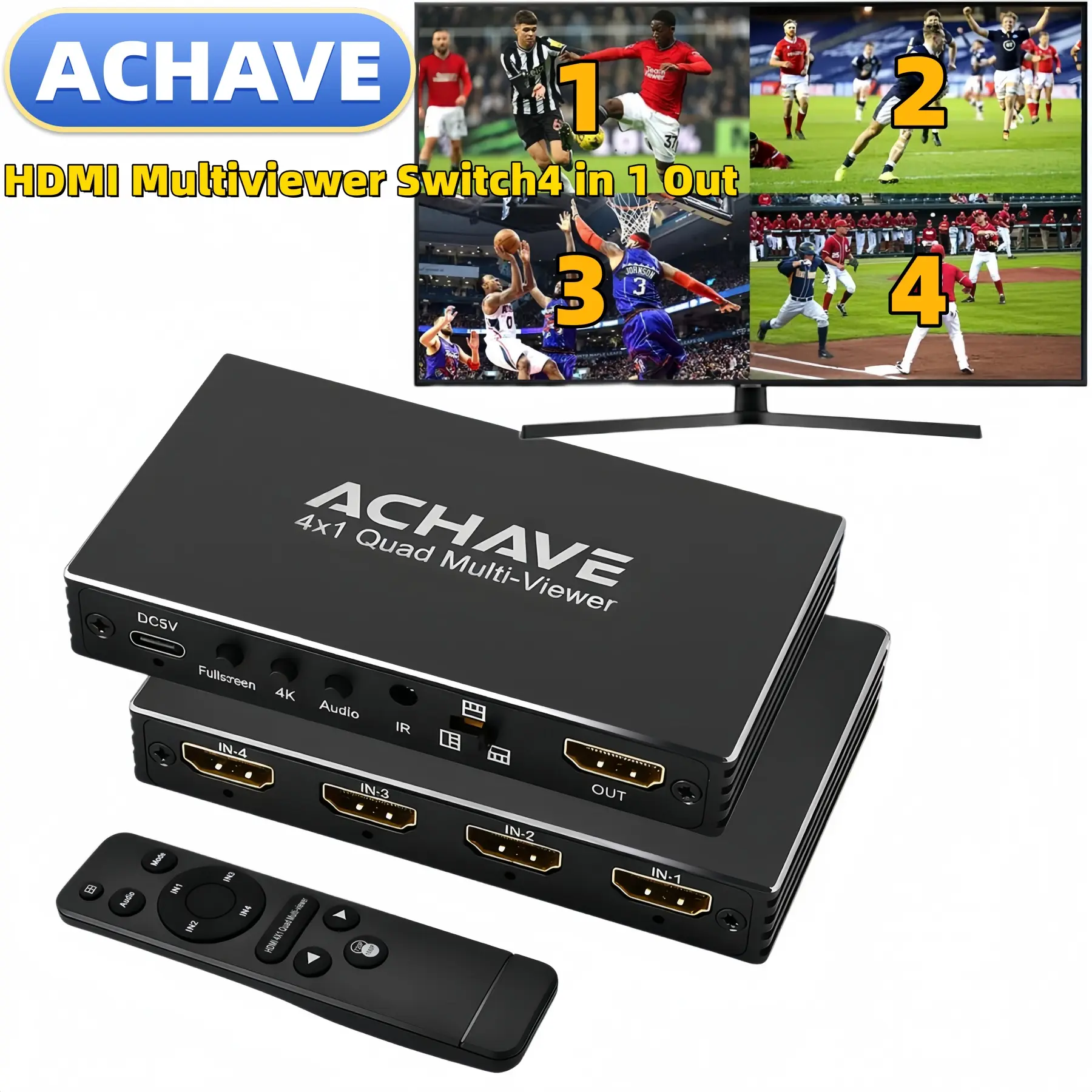 ACHAVE 4x1 Seamless HDMI Multiviewer Switch, 4-In-1 Out with Dip Switch & PBP Mode, 4K HD Support, 1080p@60Hz Ready, 9 Display Modes, IR Remote for Monitors, Satellite Receivers, Gaming Consoles
