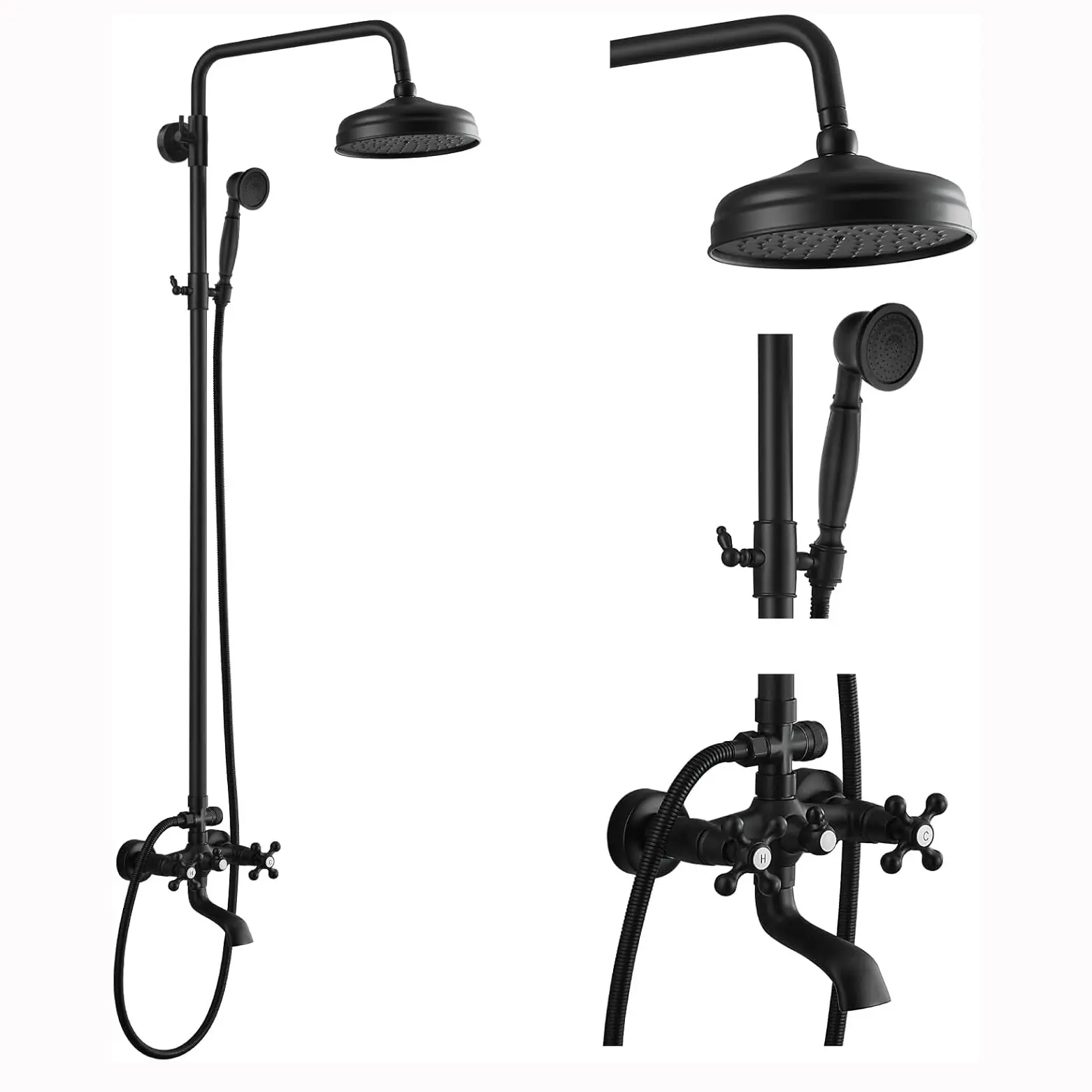 Wall Mount Bathroom Rain Shower Faucet Set - 8in Round Rain Shower Heads, Double Cross Handles, Tub Spout, 3-Function Metal Handheld Sprayer, Adjustable Brass NPT Fixtures, Matte Black