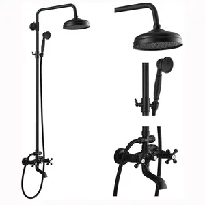 Bathroom Shower Faucet Rain Mixer 8 Inch Round Shower Head Double Cross Handle with Tub Spout Wall Mount Bathroom Shower Fixtures 3 Function Metal Handheld Sprayer Matte Black
