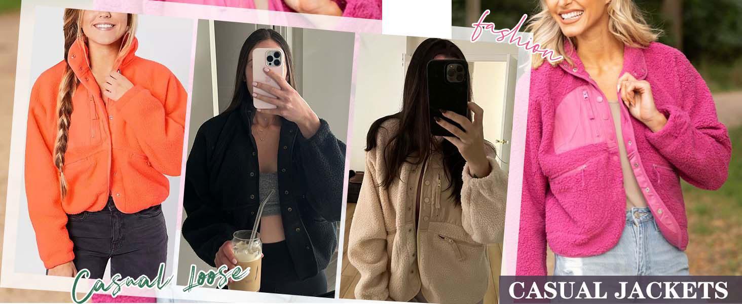Tanming Women's  Button Down Fleece Jacket Fuzzy Sherpa Patchwork Bomber Jackets Shacket Teddy Coat Outerwear