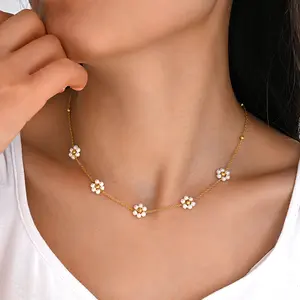 17KM Pearl Necklaces for Women, Daisy Pearls Choker for Women's Pearl Strand Necklaces as Valentines Day Gifts for Teens, Silver Daisy Birthday Gifts 3 Pearls White Necklace as Bridesmaid gifts