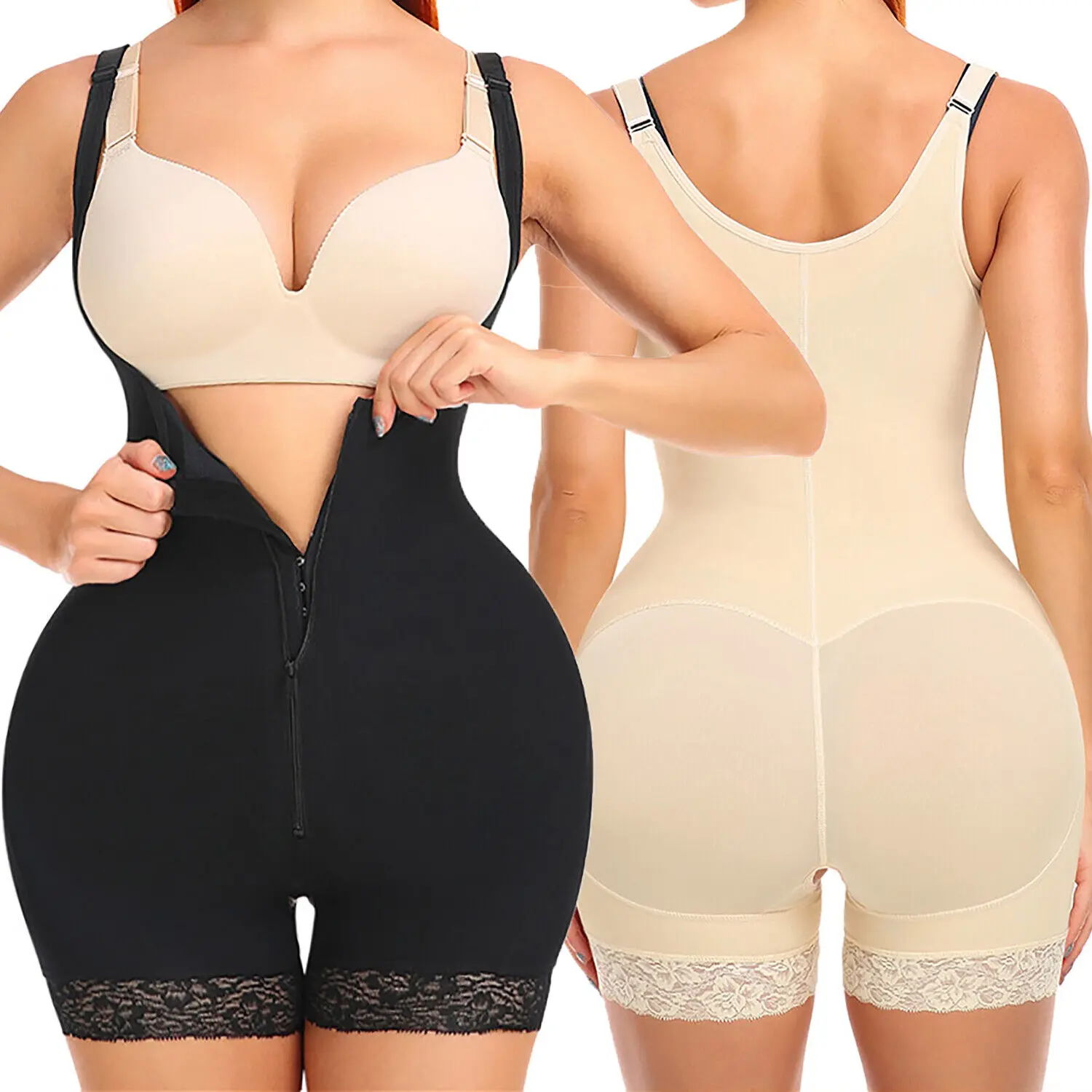 Women's Compression Shapewear Bodysuit, Faja Style 1-Piece Open Bust Breathable Body Shaper with Zipper for Tummy Control & Butt Lift, Compression One-Piece Shapewear Bodysuit