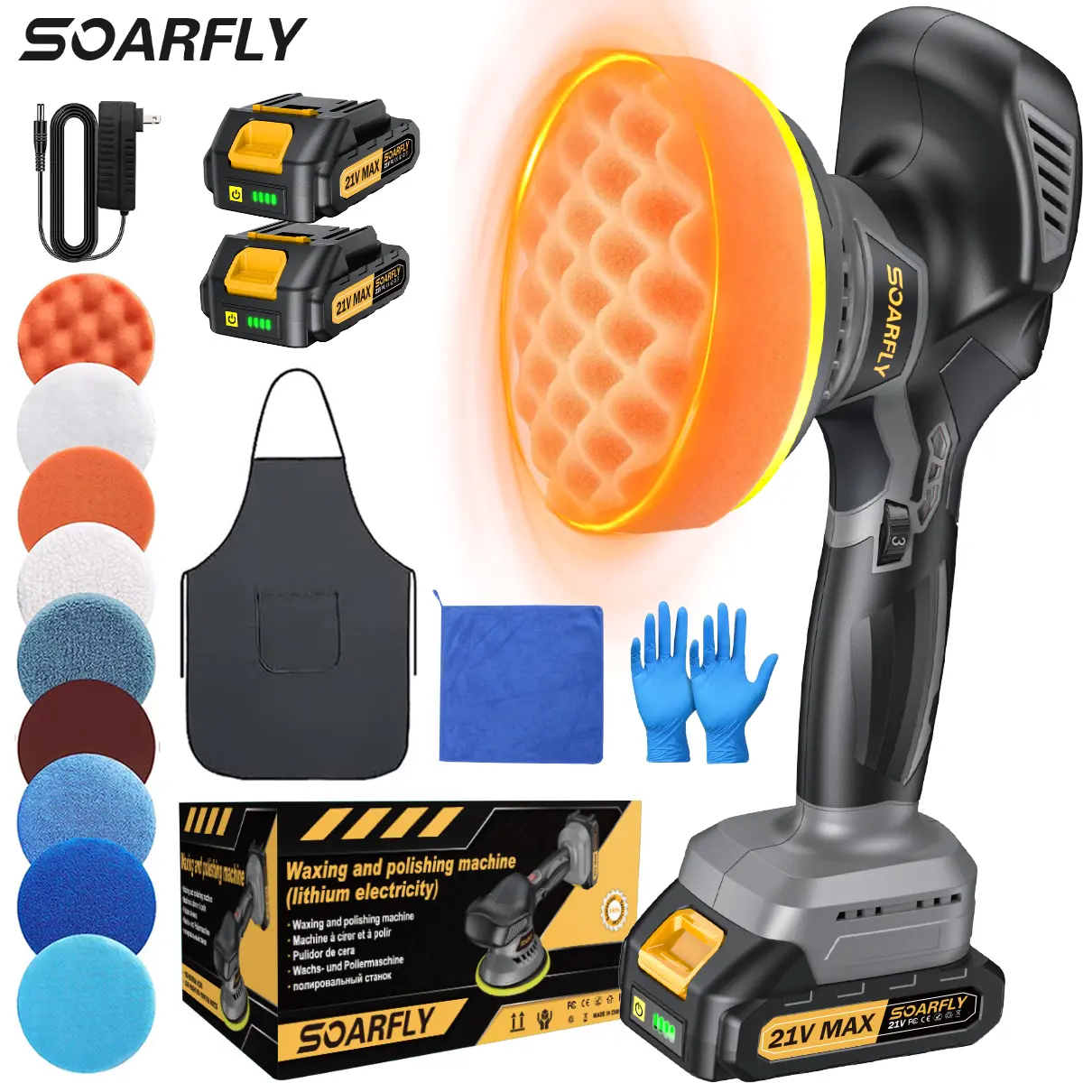 SOARFLY Cordless Car Buffer Polisher, 12V Compact or 21V Pro, Includes 2 Batteries, Variable Speed, Car Waxing & Polishing Kit