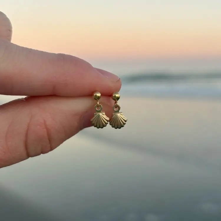 waterproof gold seashell studs, 14k gold filled shell earrings, beach stud earrings