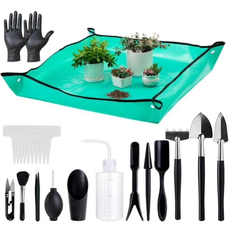 Home Improvement 25Pcs Mini Garden Hand Transplanting Tool Kit (Black) - Lightweight, PE Coating 39.4in Waterproof Stain-Resistant Repotting Mat, ABS Handles, Plant Tags for Succulent, Cactus Indoor Potting Care Supplies