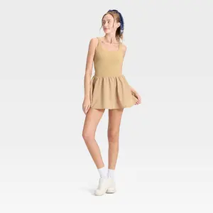 JoyLab Women's Game Day Bubble Skort Active Dress - Square Neck Sleeveless Mini Dress with Built-in Bra & Shorts
