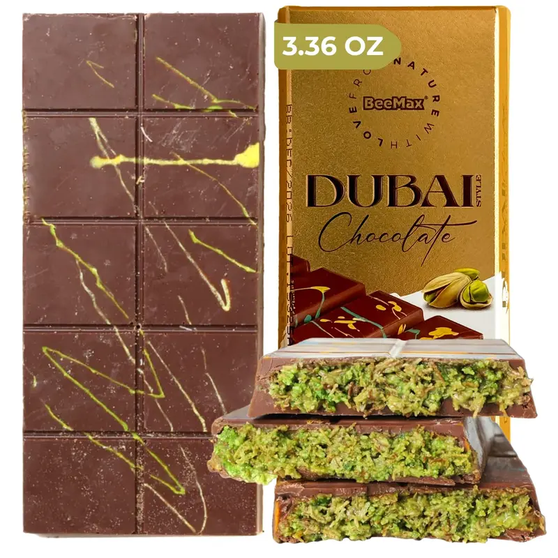 BeeMax Dubai Chocolate Bar 3.36 oz Premium Belgian Milk Chocolate with Golden Kadayif Tahini & Pistachios