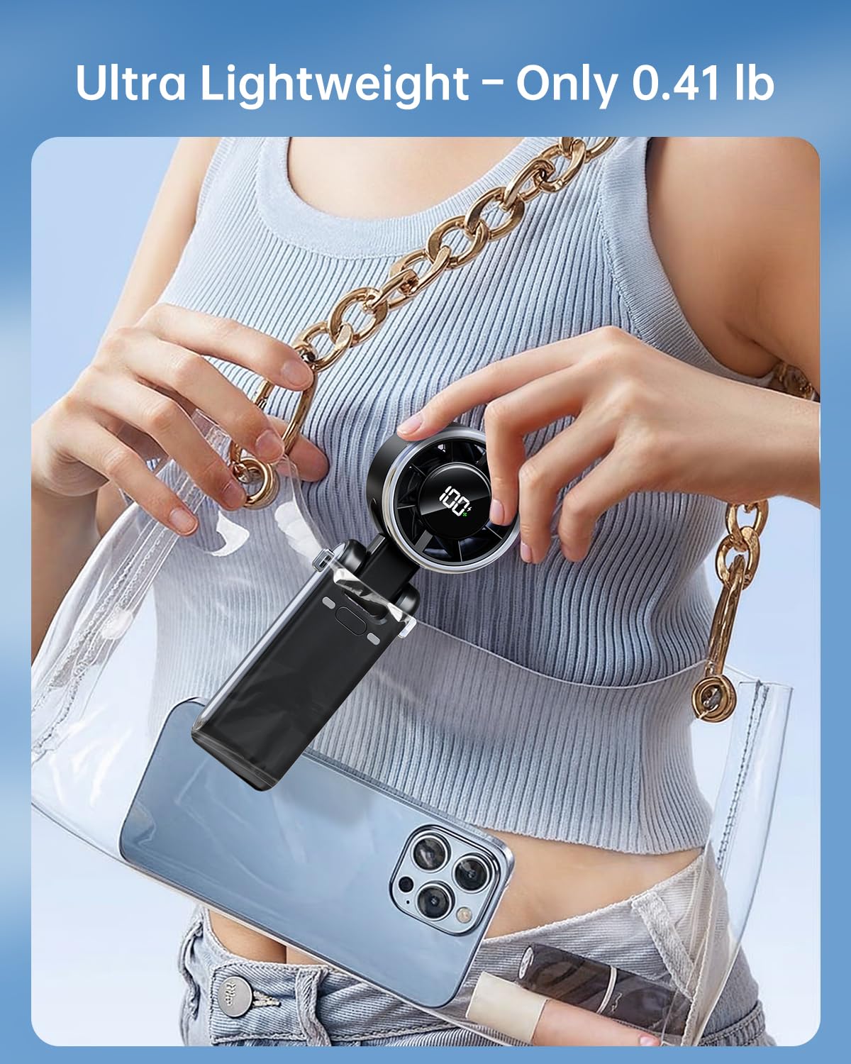 Handheld Portable Turbo Fan,with LED Display, USB Rechargeable Personal Cooler with 5 Speeds, Foldable Portable Fan for Makeup, Office, Outdoor,Travel