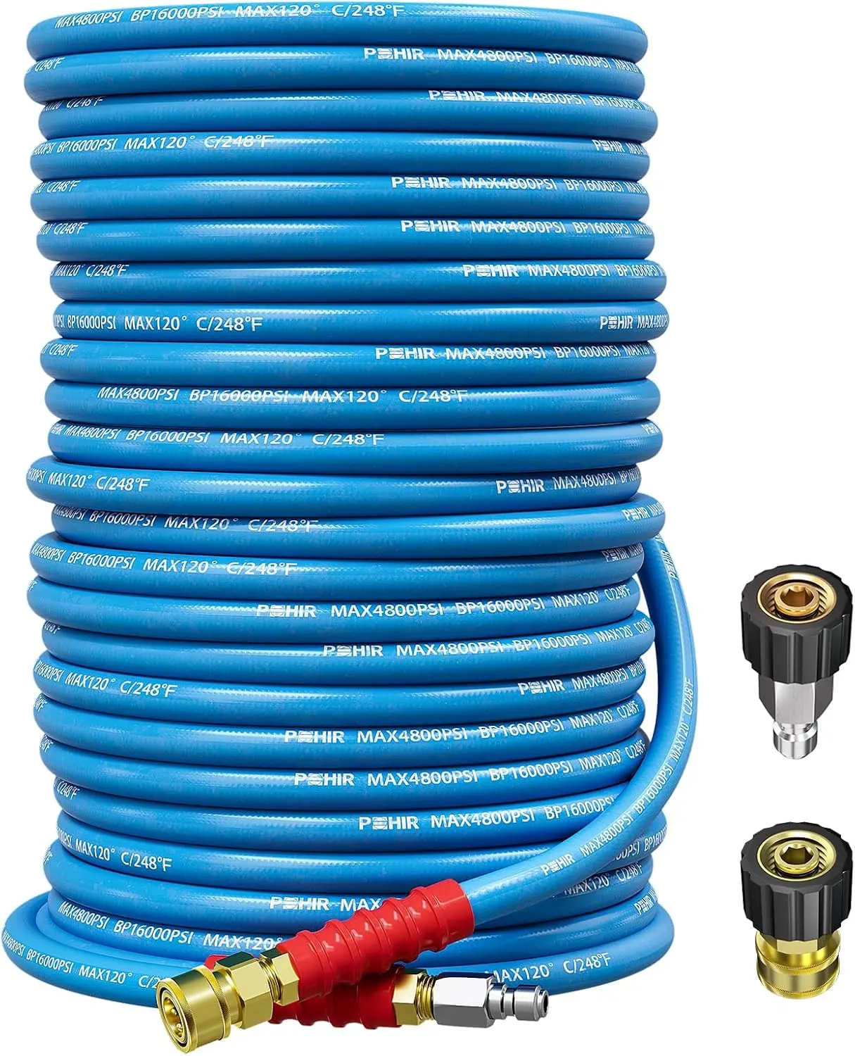 Pressure Washer Hose 3/8" 4800 PSI, Kink Resistant Industrial Grade Hose with Quick Connect Ends and Adapters for Hot & Cold Water up to 248°F, Steel Wire Braided Hose for Power Washing High Temperature Hose Reinforced Rubber