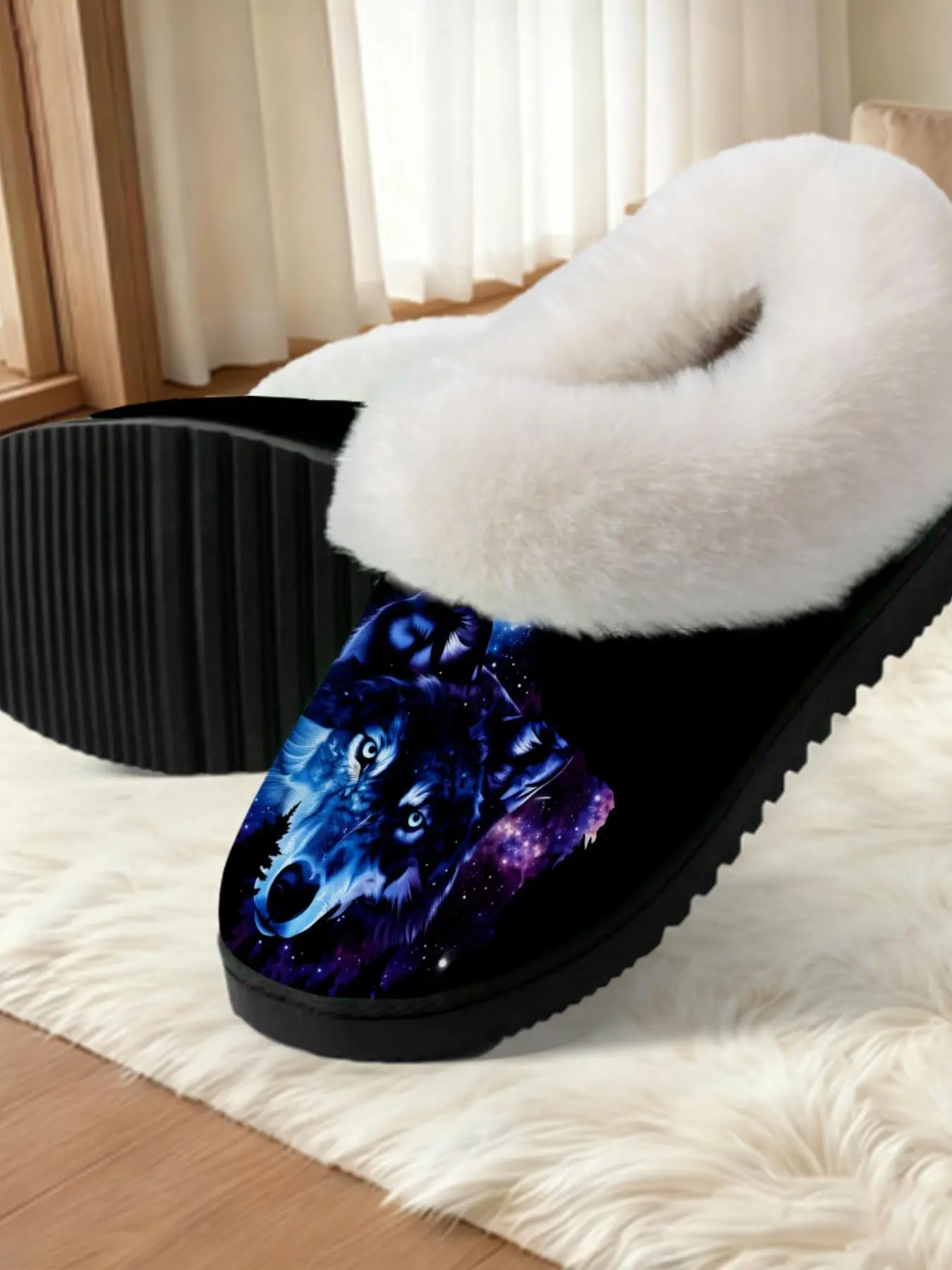 Star Wolf Print Cotton Non Slip Slippers Indoor House Slipper, Dark Dreamy Style, Fuzzy Lined Anti-Slip Thick Sole, Home Warm Shoes for Men and Women Fall Winter