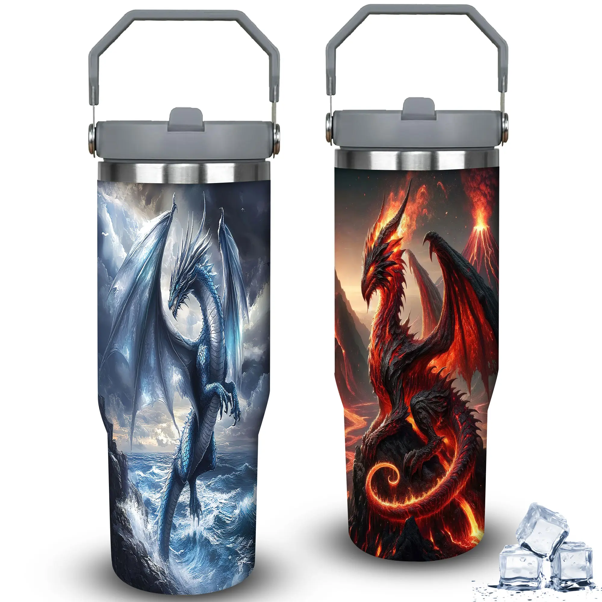 1pc 30oz Epic Ice and Fire Dragon Insulated Travel Tumbler with Lid, Vacuum Flask Coffee Cup, Unique Gift for Men Women, Ideal for Halloween, Birthday, Flasks, Portable