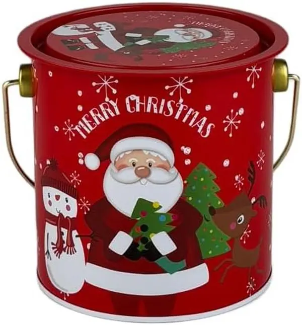 Red Metal Christmas Tin Bucket with Lid and Handle, Holiday Gift Container for Treats, Santa Claus-Snowman Themed Preserving Kitchenware