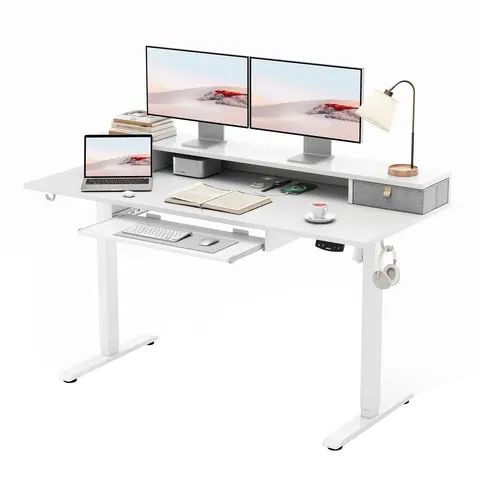 Agilestic Durable Adjustable Electric Standing Desk - Sturdy Modern Wood-Metal Rectangular Waterproof Office Desk with Keyboard Tray, 2 Drawer Storage, 4 Memory Height Settings, 2 Headphone Hooks, Assembly Required
