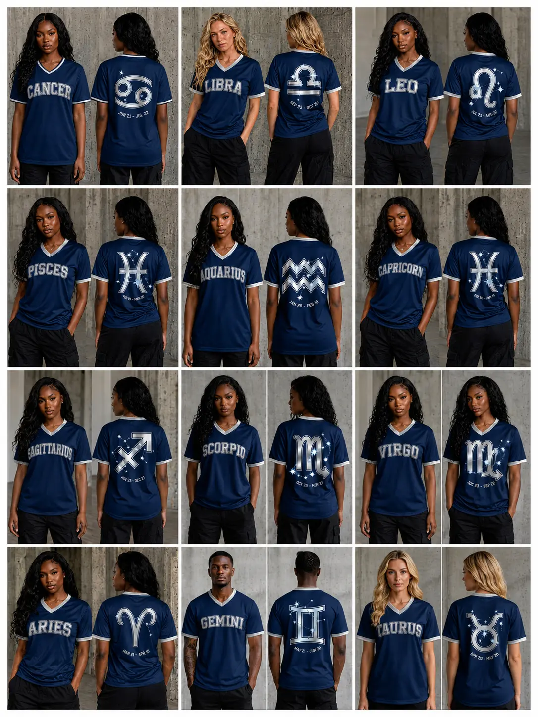 Navy Zodiac V-Neck Soccer Jersey Shirt - Unisex Athletic Varsity Top with Silver Constellation Graphic, Fabric Tee, 12 Horoscope Signs Gift for Men Women