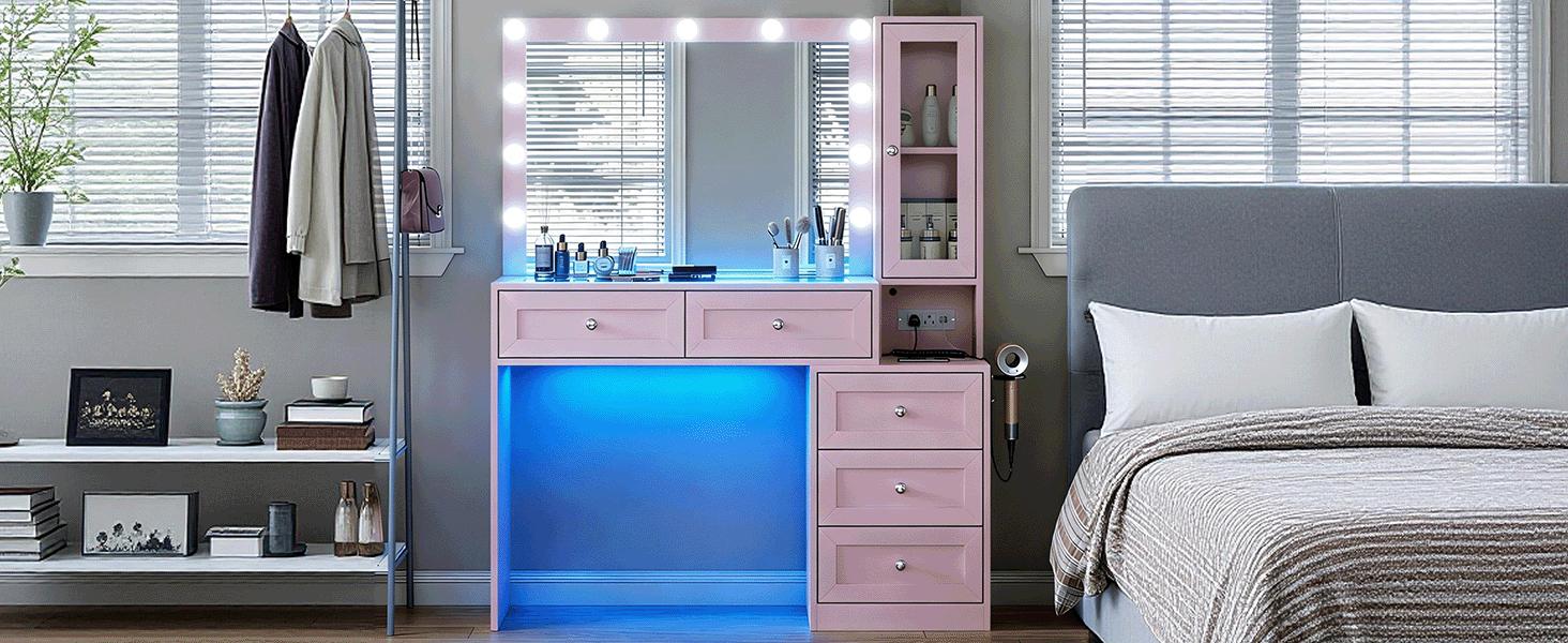 HuaYing 43"  Makeup Vanity Desk with RGB LED Mirror & 11 Lights, 5 Drawers, 3 Lighting Modes, Adjustable Brightness, Built-in Charging Station & Power Outlets, Modern Dressing Table for Bedroom