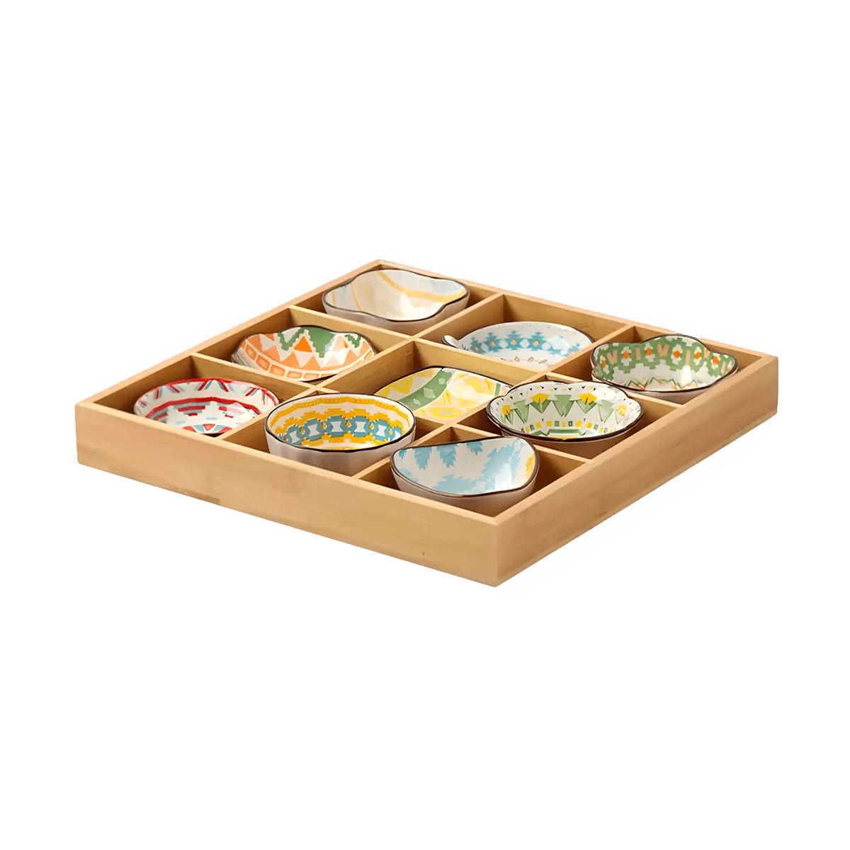 KAWASIMAYA 9 Compartment Bamboo Serving Tray with 9 Small Dishes - Hot Pot Appetizer Platter for Snacks, Dim Sum, Condiments