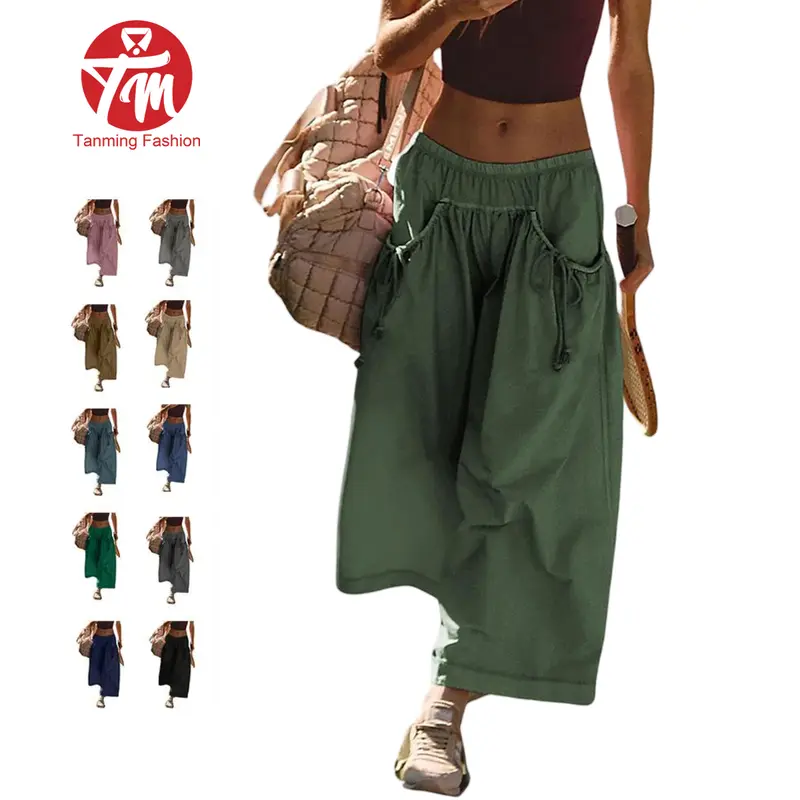Tanming Womens Ruched Drawstring Pants High Waisted Baggy Cargo Wide Leg Trousers with Pockets Casual Spring Summer Fall Winter Work School Vacation Loungewear Outfits Clothing