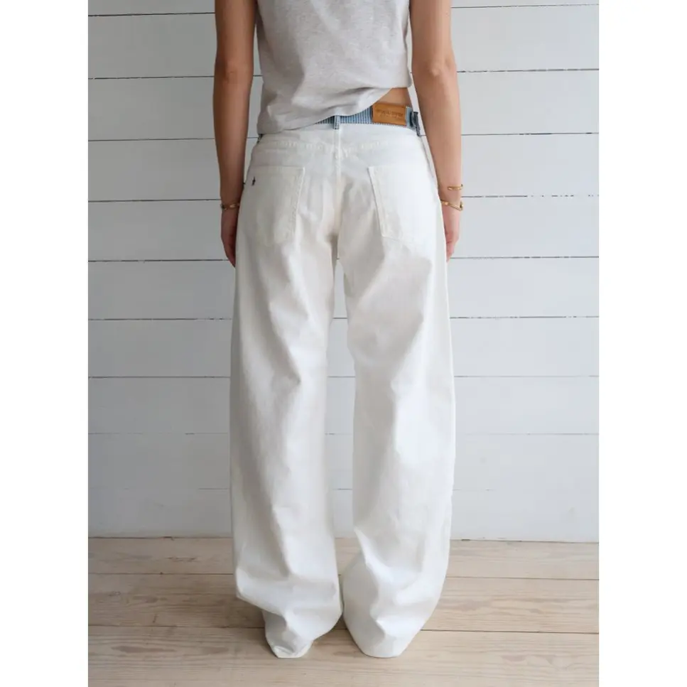 White Jeans with Blue Stripes Waistband With Poppers at the Side of the  Waistband Straight Cigarette Pants Loose and Comfortable Women's Bottoms