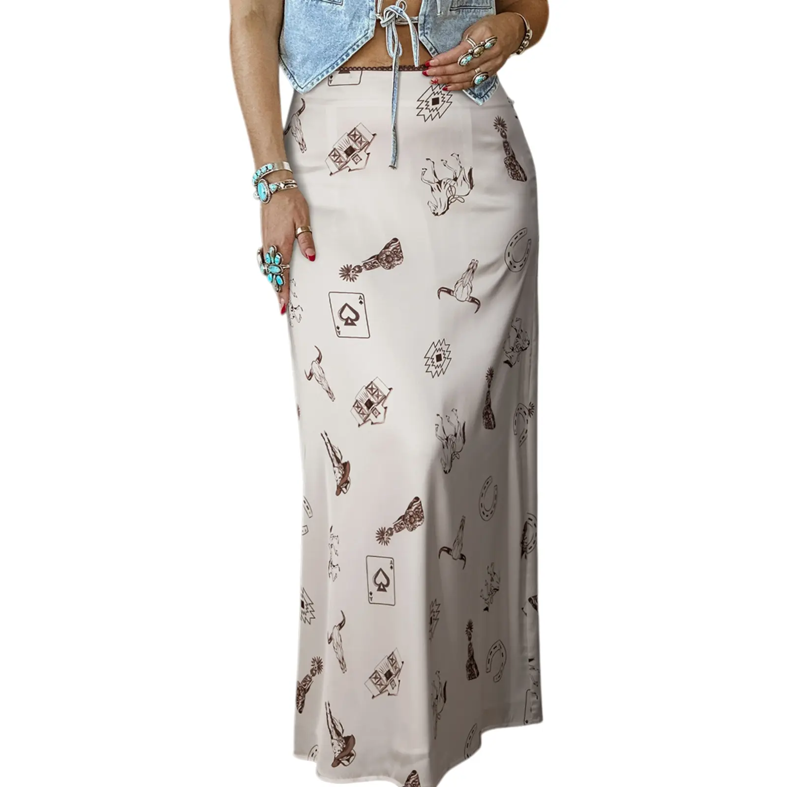 Asvivid Women's Retro Western Print Maxi Skirt Vintage Cowgirl Bottom Four Seasons Casual Cute Skirts for Daily & Vacation Womenswear