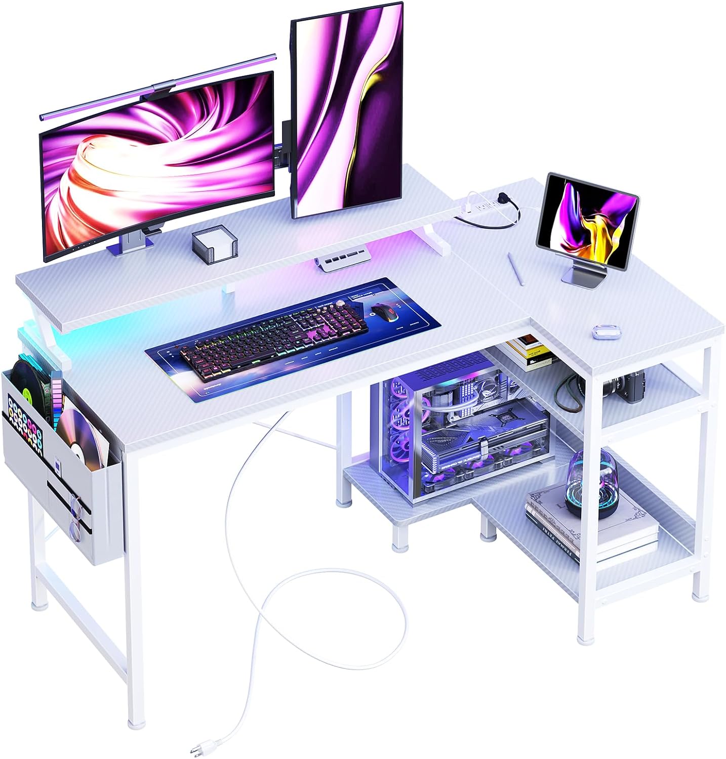 L Shaped Computer Desk with Power Outlets & USB Ports, 40"/48" Reversible Corner Desk with LED Lights, Storage Shelves & Monitor Stand for Home Office & Study, Black / White