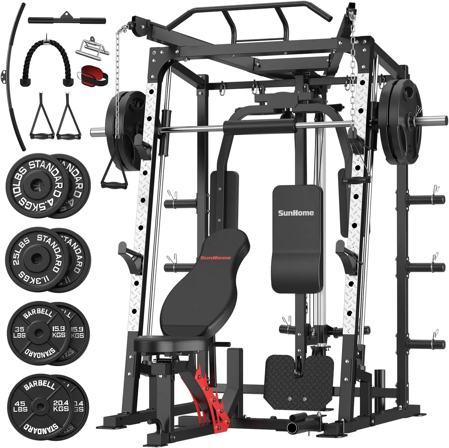 SunHome Smith Machine All-in-1 Home Gym, Functional Steel Frame Power Cage with Cable Crossover, Lat Pulldown, Adjustable Bench, Barbell & 230LBS Plates for Garage Gyms, Strength Training Equipment, Olympic Weight Plates, Lat Pulldown System, Smith Machin