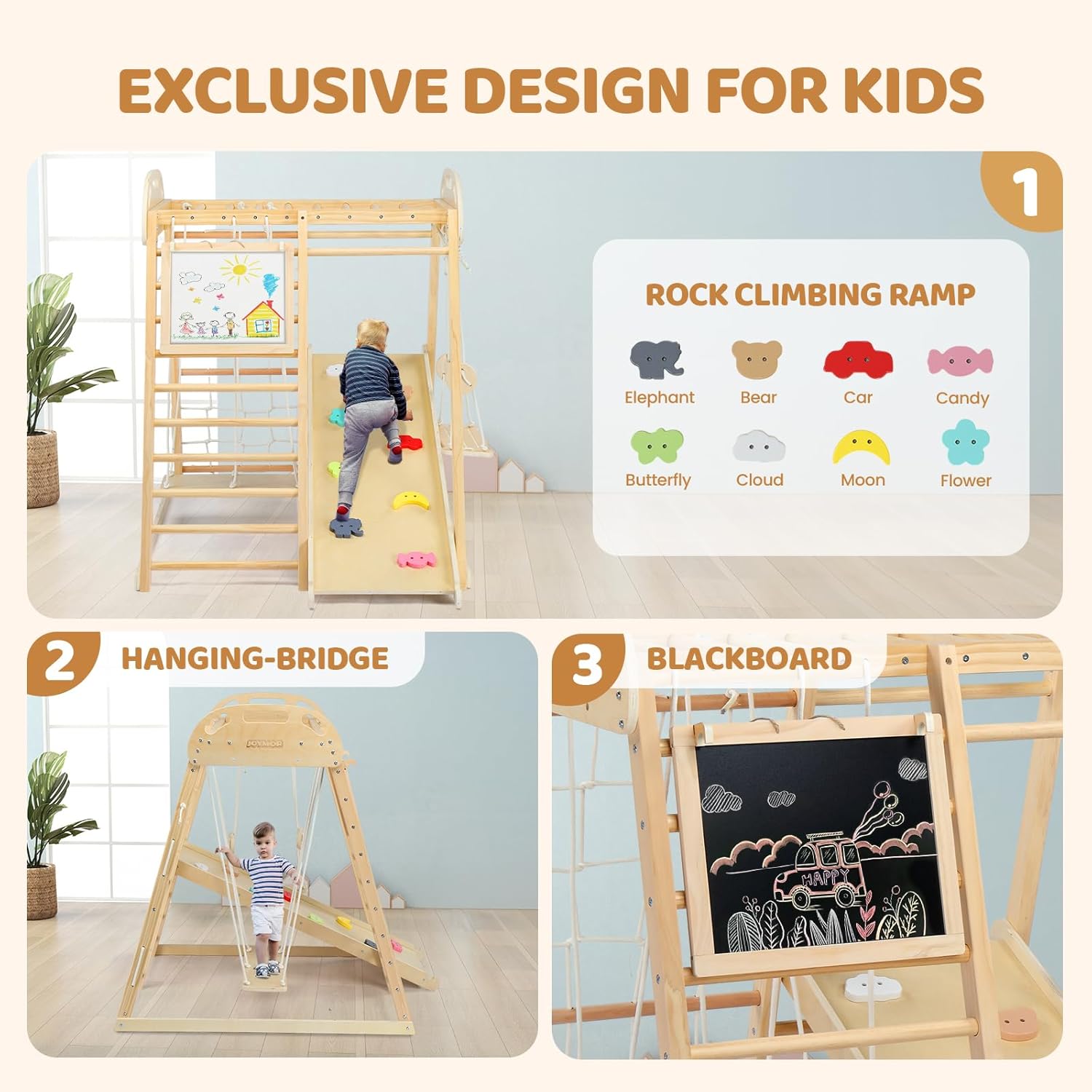 JOYMOR 8-in-1 Indoor Jungle Gym for Kids and Toddlers with Hanging-Bridge and Swing, Wooden Indoor Playground with Slide, Blackboard, Ladders for Toddler Climbers