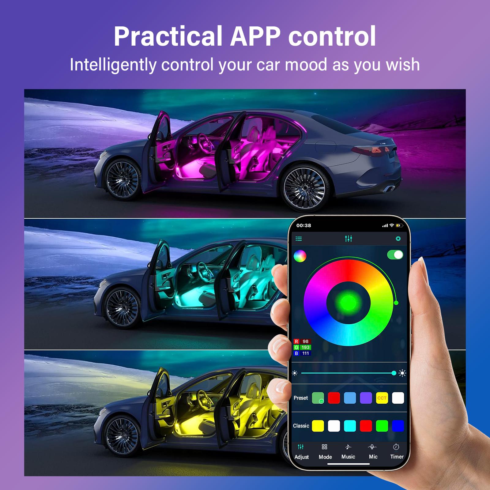 Car Foot Atmosphere Light Car LED Lights, Smart Car Interior Lights with App Control, RGB Lights with DIY Mode and Music Mode, 2 Lines Design LED Lights for Cars with Car Charger, 12V Car Accessories Carconversion