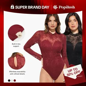 ​​Popilush Deep V-Neck Long Sleeve Bodysuit - Sheer Lace Turtleneck with Built-in Bra & Tummy Control​ Casual Womenswear-LIVE Everyday Breathable
