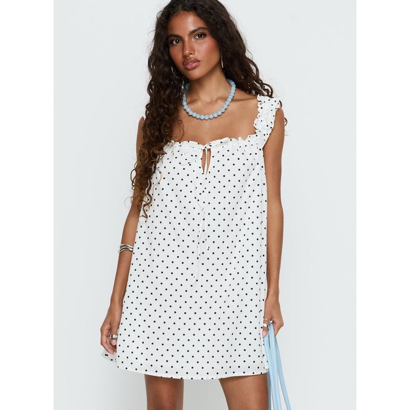 Swing Mini Dress White Polka Dot