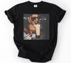 Comfort Colors Funny Dachshund Drinking Iced Coffee T-shirt, Animal Meme Graphic Tee, Gift for Men, Women