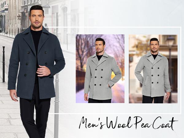 COOFANDY Fall Outfits Thin Men's Coats Double Breasted Pea Coat Winter Overcoat Short Trench Coat Notched Collar Gift Ideas