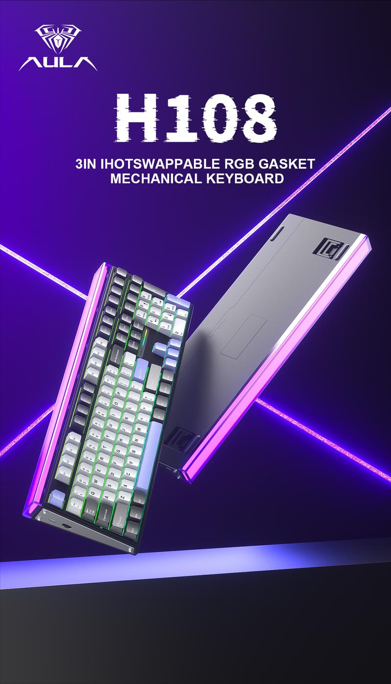 AULA H108 Full-Size Silent Mechanical Keyboard Tri-Mode Bluetooth 2.4G Wireless Silent Feather Switches RGB Backlight Black White Purple Computer Office Keyboards
