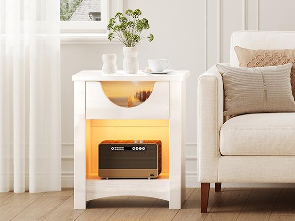 Bestier Nightstands Set of 2 with Charging Station, Modern LED End Table Bedside Table with Drawer for Bedroom, Living Room