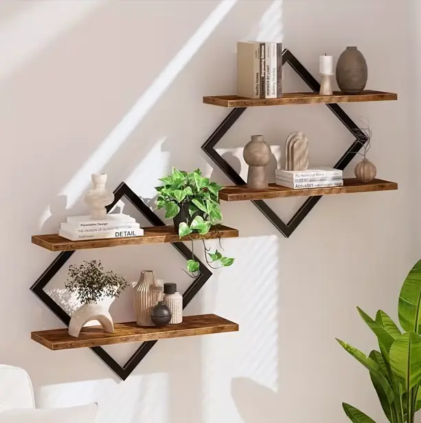 Rustic Brown 2-Layer Geometric Diamond Floating Shelf Set - Industrial Metal Wire & Wooden Shelves, Minimalist Artistic House Decor, Suitable for Living Room, Kitchen, Storage
