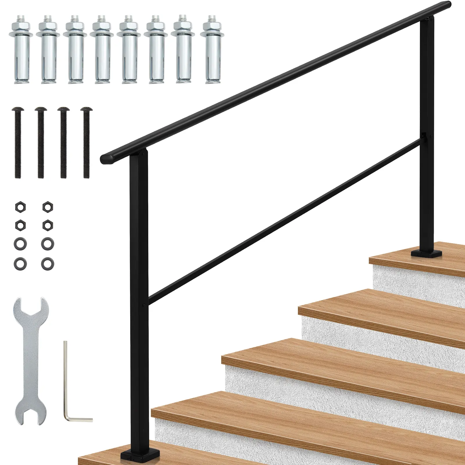3/4/5 Step Handrail for Outdoor & Indoor Steps, Heavy Duty Steel Stair Railing, Non-Slip Grip & Weatherproof, Garden Stair Handrail, Indoor Stair Railing Kit, Porch Railing & Deck Handrail, Easy to Install for Deck, Porch, Black