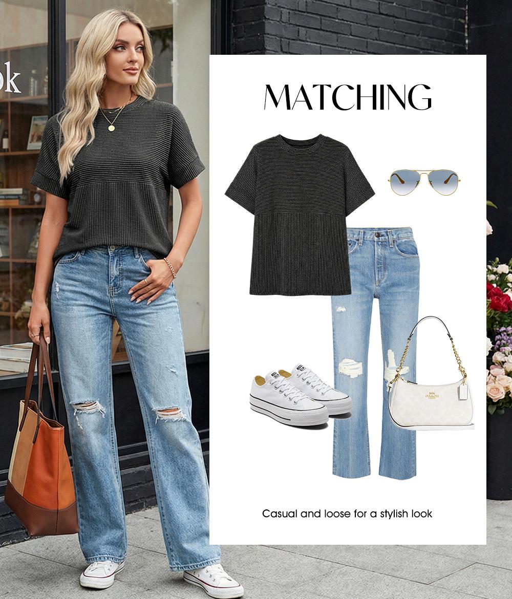 EVALESS Women's Solid Short Sleeve T Shirts Tops Ribbed Knit Striped Crewneck Casual Loose Fit T Shirts 2026 Womenswear Springtok Summer Outfits EVALESS Women's Solid Short Sleeve T Shirts Tops Ribbed Knit Striped Crewneck Casual Loose Fit T Shirts 2026 Womenswear Springtok Summer Outfits