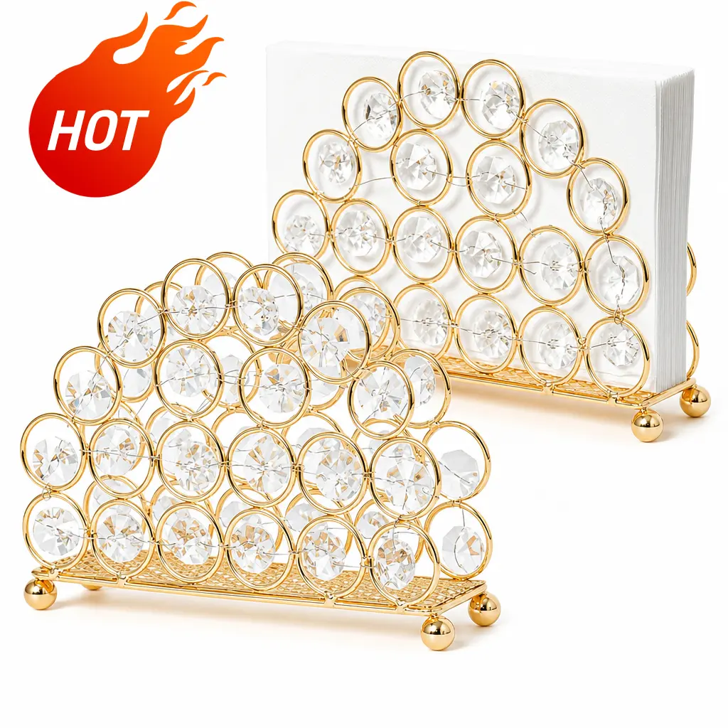 2-Pack Luxury Shiny Champagne Gold & Rose Gold Rectangle Metal Napkin Stand, Inlaid Sparkling Crystal Table Caddy (14×9×4.5cm/5.5×4.3×1.8in) - Multi-Functional Tissue & Card Organizer for Bar, Dining Table, Housewarming Gifts