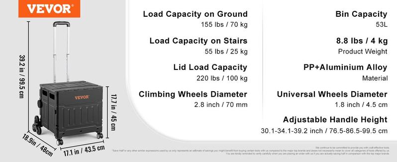 VEVOR Foldable Stair Climbing Foldable Shopping Cart, TikTokShopBlackFriday, 155 lbs Collapsible Teacher Cart, Portable Rolling Crate Handcart with Telescoping Handle & Lid, Foldable Grocery Cart Utility Cart Multipurpose