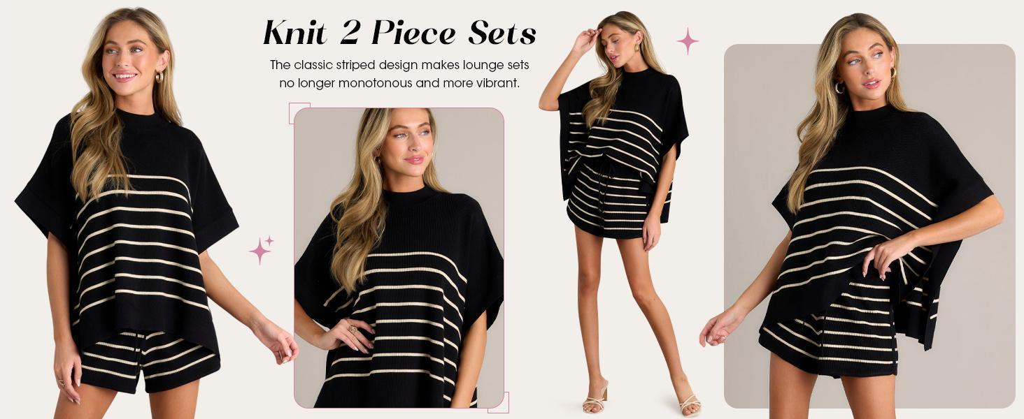 Imily Bela Women's Striped 2 Piece Outfits Oversized Batwing Short Sleeve Tops High Waisted Shorts Summer Knit Lounge Short Sets