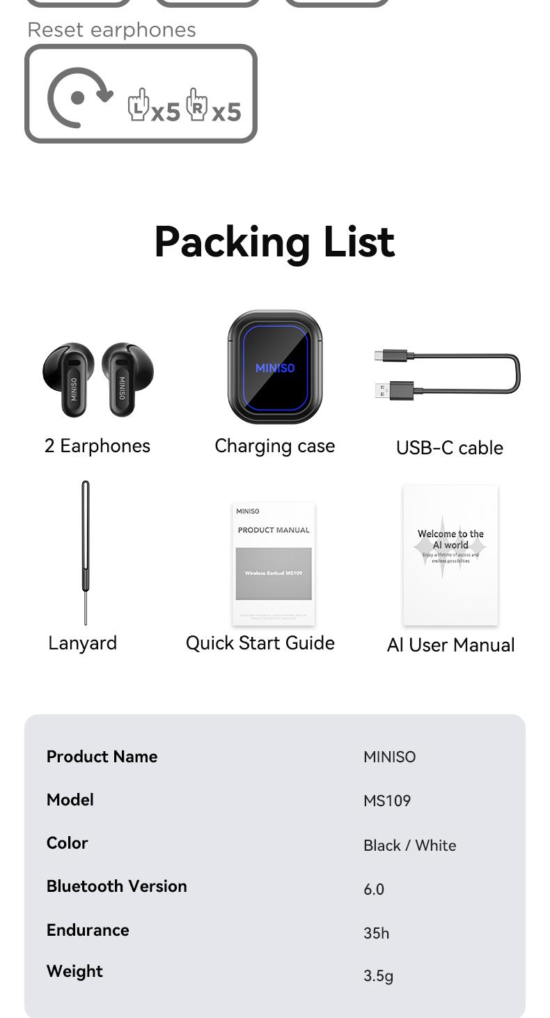 MINISO-MS109 AI Translation Earphones, Bluetooth 6.0, High-Fidelity Waterproof Wireless Earphones | Suitable for work, exercise, study, and voice calls | Built-in microphone | Earphones