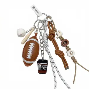 Sports Fanatic's Collection: Sports Themed Keychain Set of 5 - Baseball Football Coffee Cup Charms, Braided Leather Cord with Beaded Letters, Bag Accessories for Sports Fans